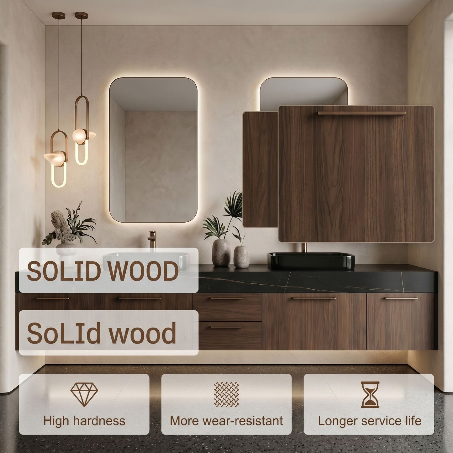70''-96'' Double Bathroom Vanity with Sink Floating Wall-Mounted Dark Wood Grain Cabinet