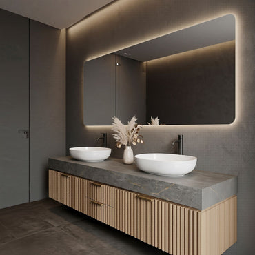 60''-96'' Modern Bathroom Vanity with Sink Double Sink Grey Marble Wooden Slatted Drawers