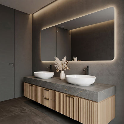 60''-96'' Modern Bathroom Vanity with Sink Double Sink Grey Marble Wooden Slatted Drawers
