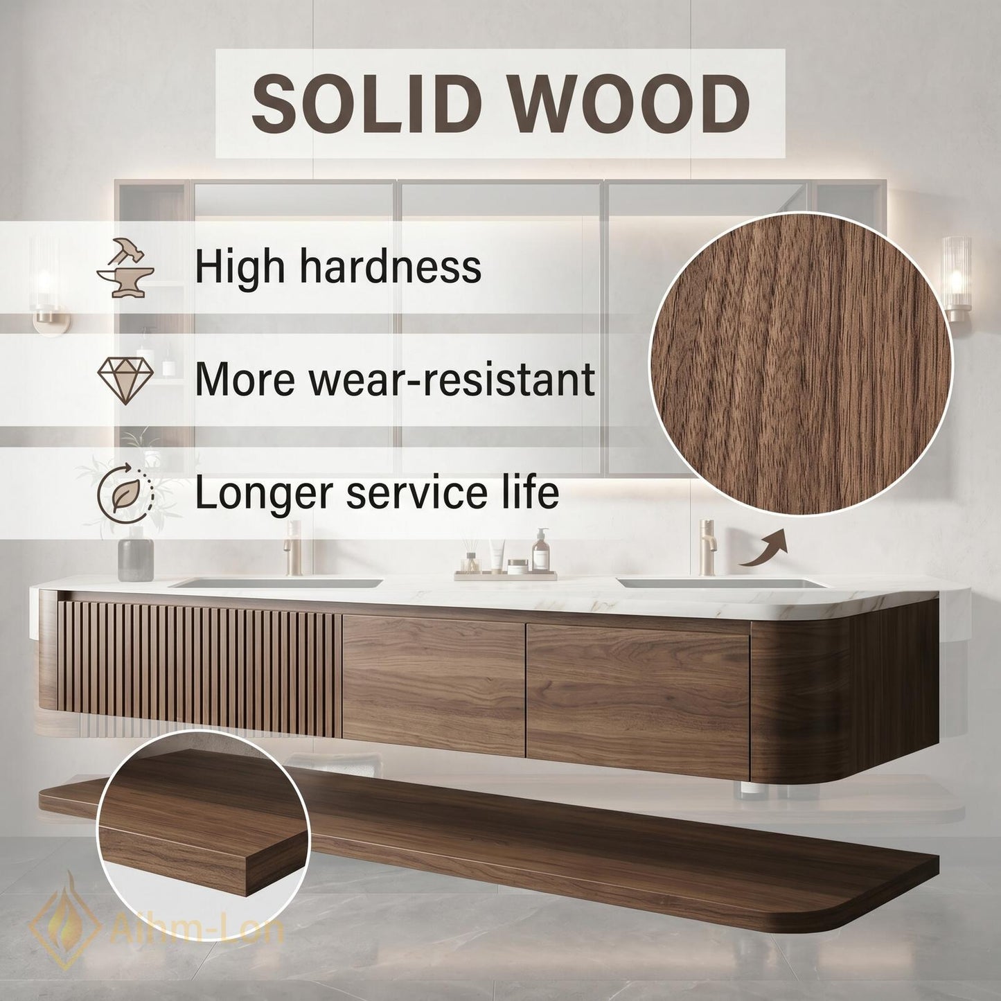 60''-96'' Double Bathroom Vanity with Sink Modern Floating Dark Walnut Fluted Panels