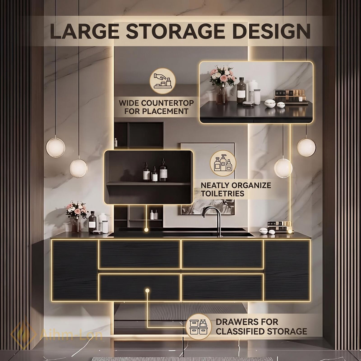 36''-110'' Double Bathroom Vanity with Sink Modern Sleek Dark Finish Spacious Shelving