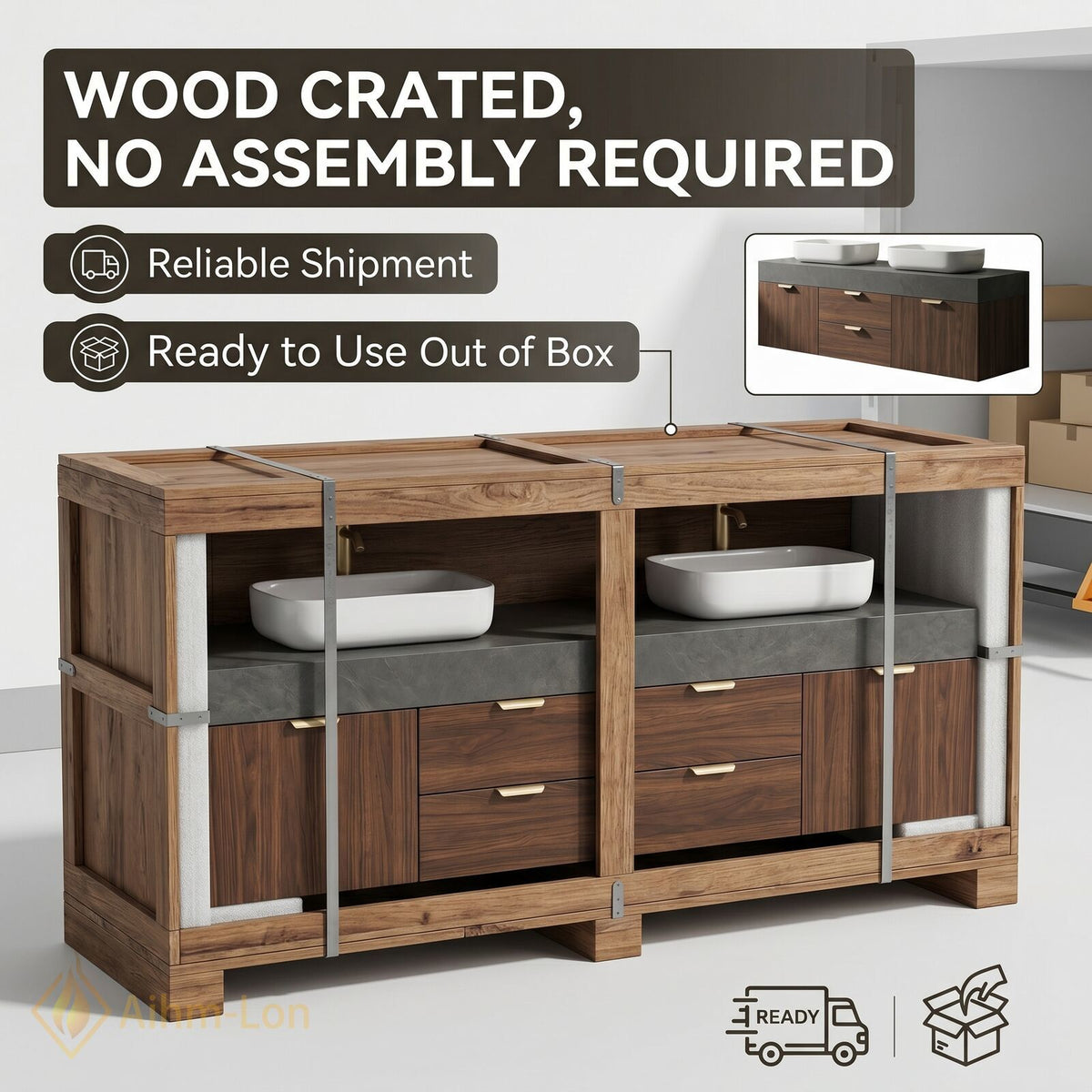 60''-96'' Double Bathroom Vanity with Sink Dark Walnut Slatted Center Panel Shelving
