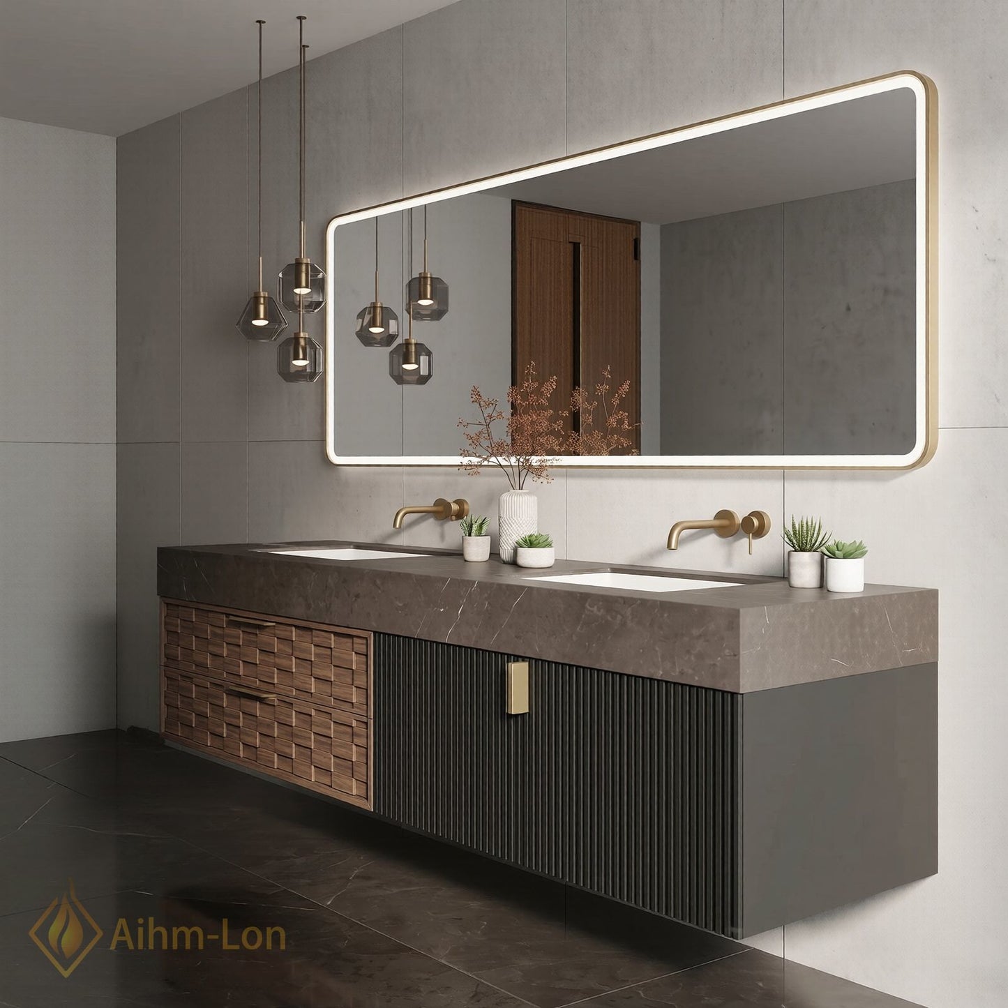 60''-96'' Double Bathroom Vanity with Sink Modern Geometric Drawers Dark Stone Veined