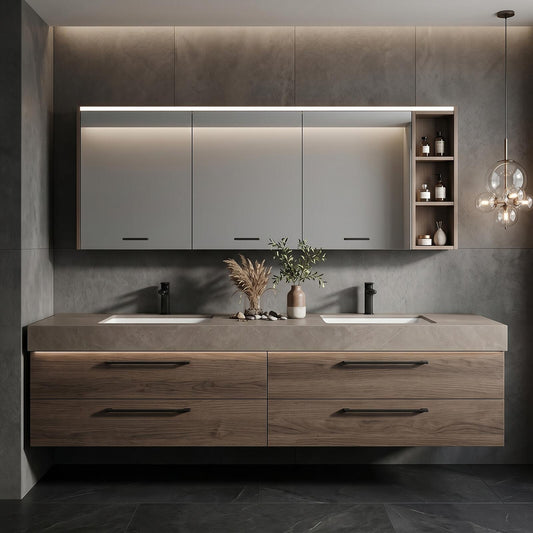 60''-96'' Double Bathroom Vanity with Sink Modern Floating Warm Oak Finish Cabinet