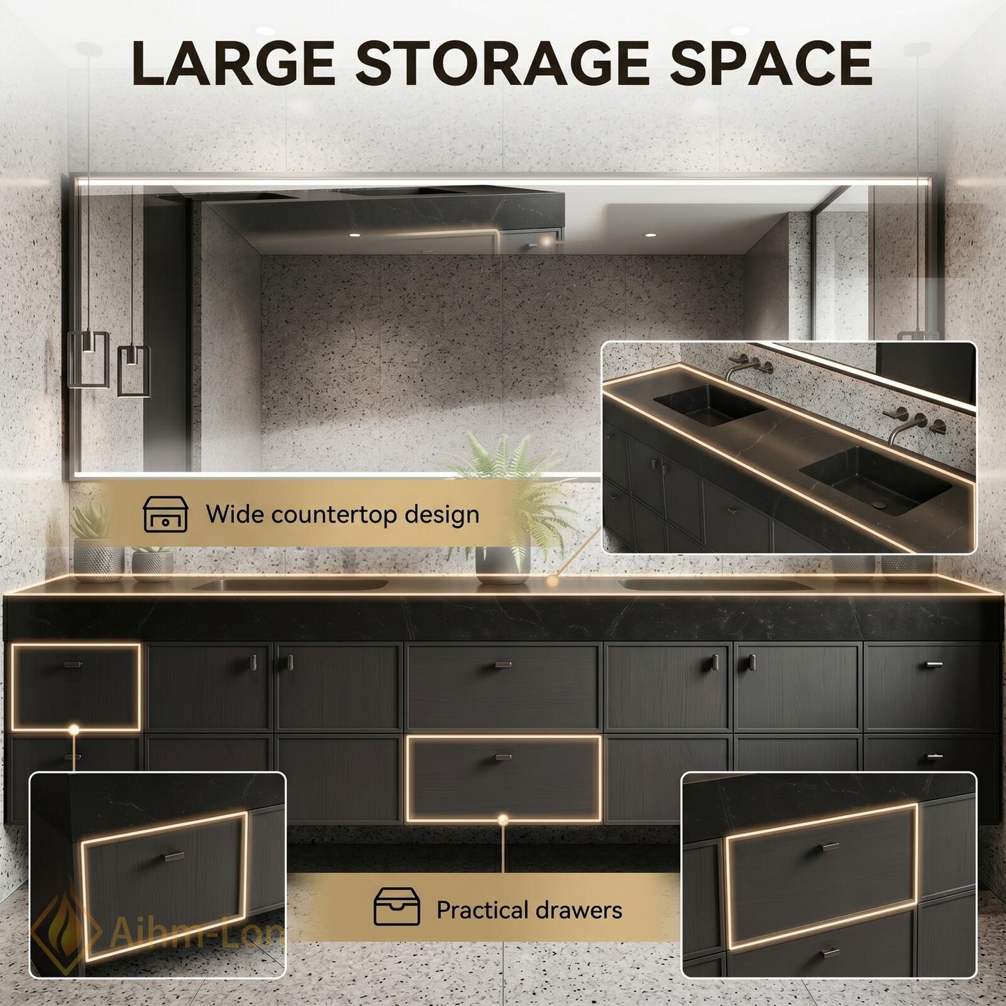 76''-96'' Double Bathroom Vanity with Sink Charcoal Grey Modern Floating Slatted Storage