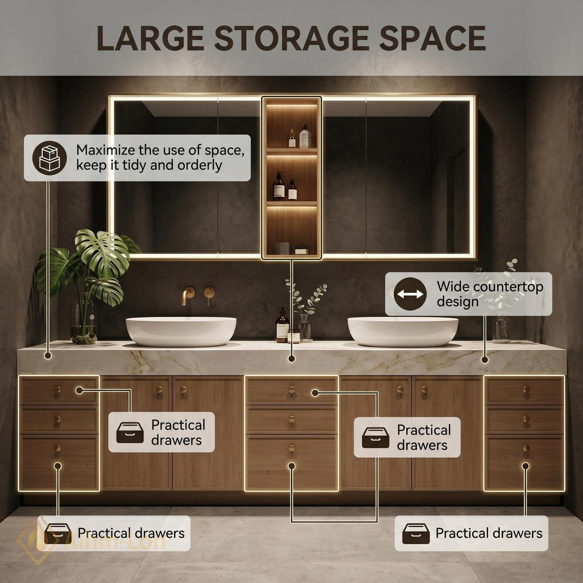 60''-96'' Double Bathroom Vanity with Sink Light Oak Finish Slatted Center Panel