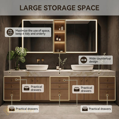 60''-96'' Double Bathroom Vanity with Sink Light Oak Finish Slatted Center Panel