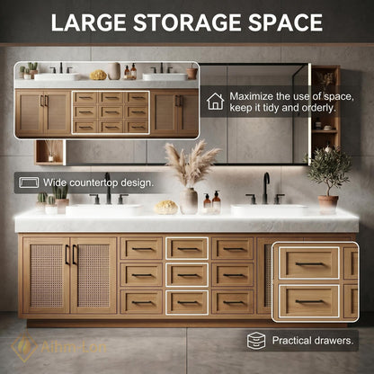 78''-96'' Double Bathroom Vanity with Sink Modern Solid Wood Cane Mesh Storage
