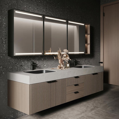 60''-96'' Modern Bathroom Vanity with Sink Double Sink Slatted Veneer Concrete Top Mirror Cabinet