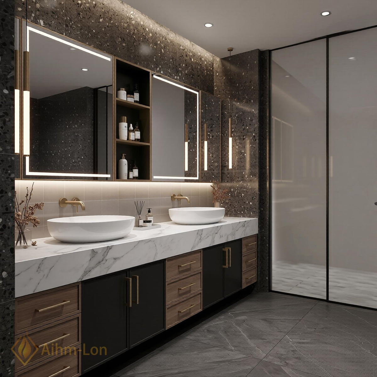 60''-96'' Double Bathroom Vanity with Sink Floating Marble Top Dark Wood Drawers
