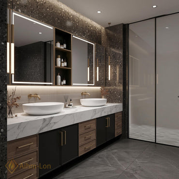 60''-96'' Double Bathroom Vanity with Sink Floating Marble Top Dark Wood Drawers