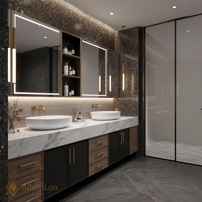 60''-96'' Double Bathroom Vanity with Sink Floating Marble Top Dark Wood Drawers