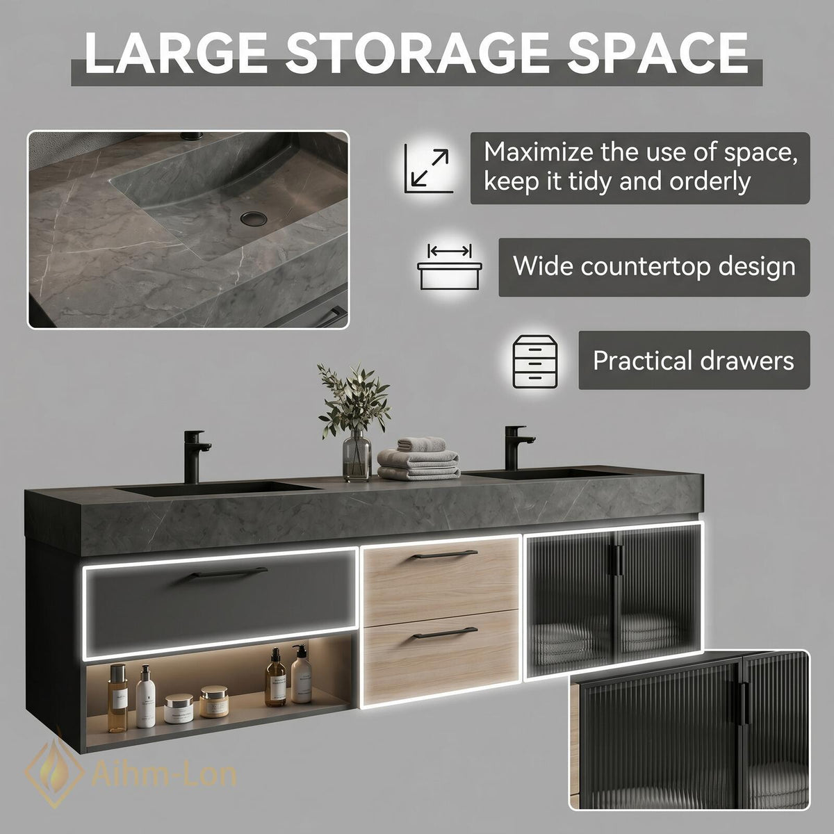 60''-96'' Double Bathroom Vanity with Sink Ribbed Panel Matte Dark Finish