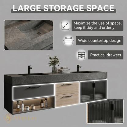 60''-96'' Double Bathroom Vanity with Sink Ribbed Panel Matte Dark Finish