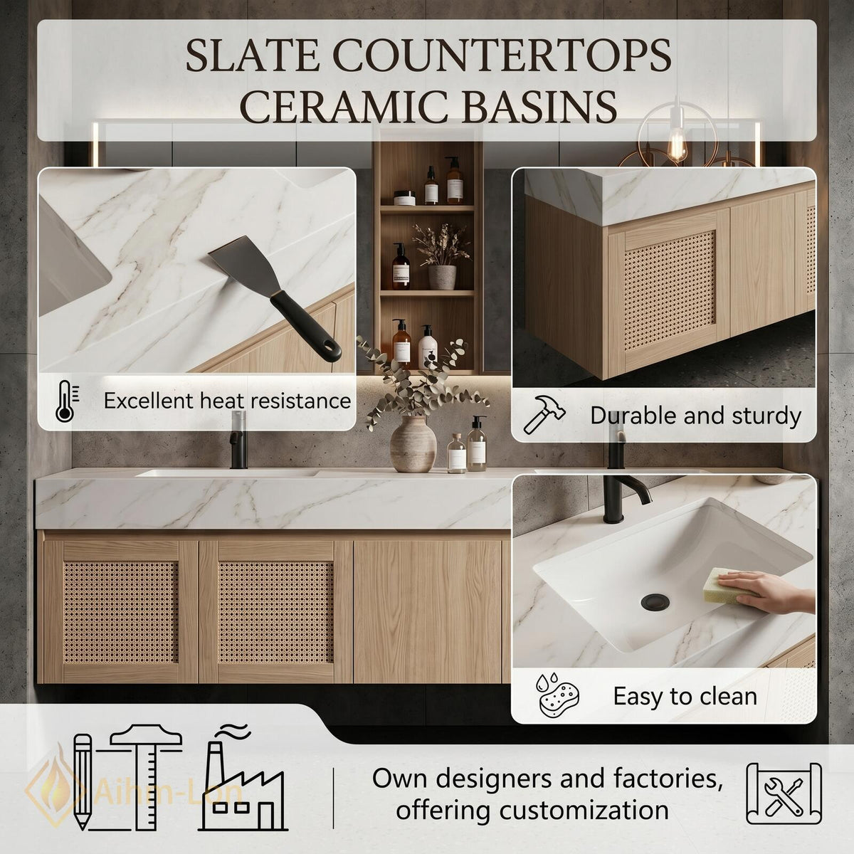 60''-96'' Double Bathroom Vanity with Sink Dark Walnut Grey Counter Slatted Shelving