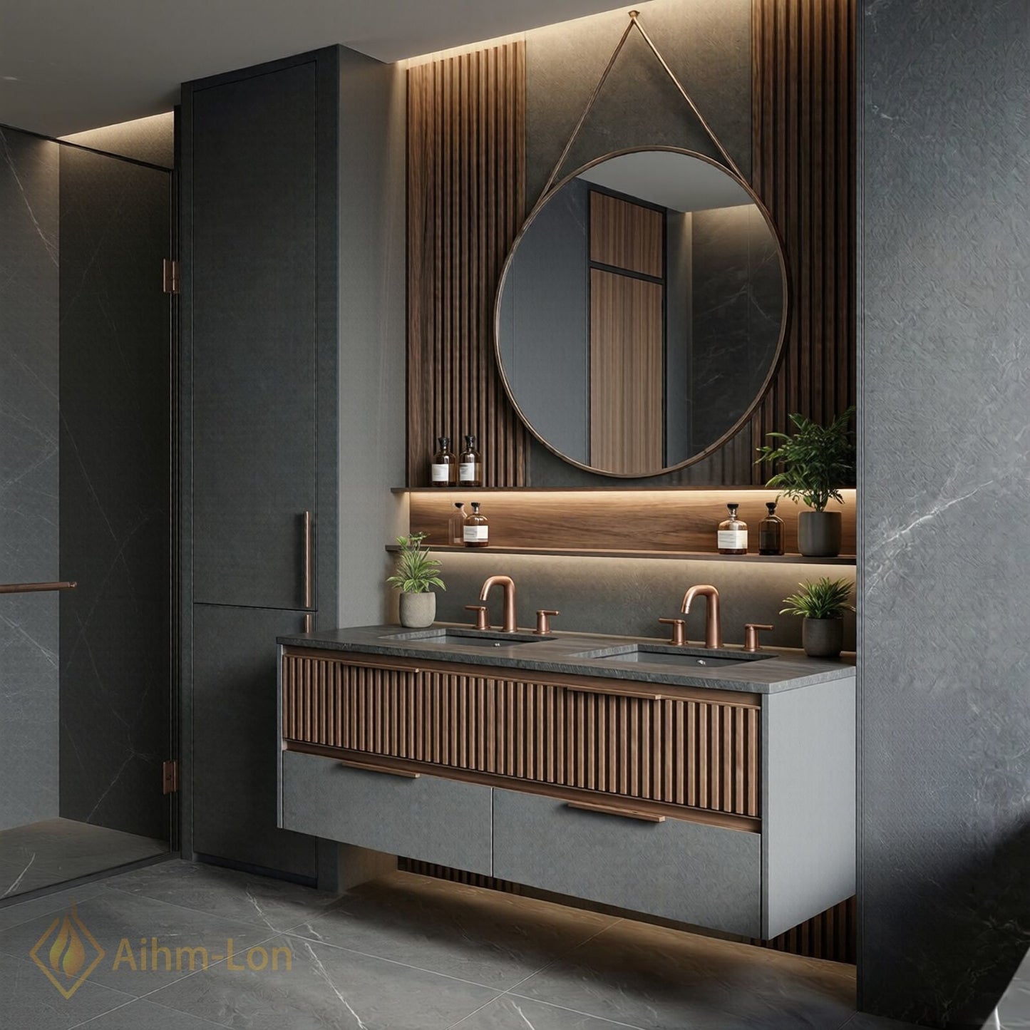 60''-96'' Slatted Bathroom Vanity with Sink Double Sink Wood Panel Dark Stone