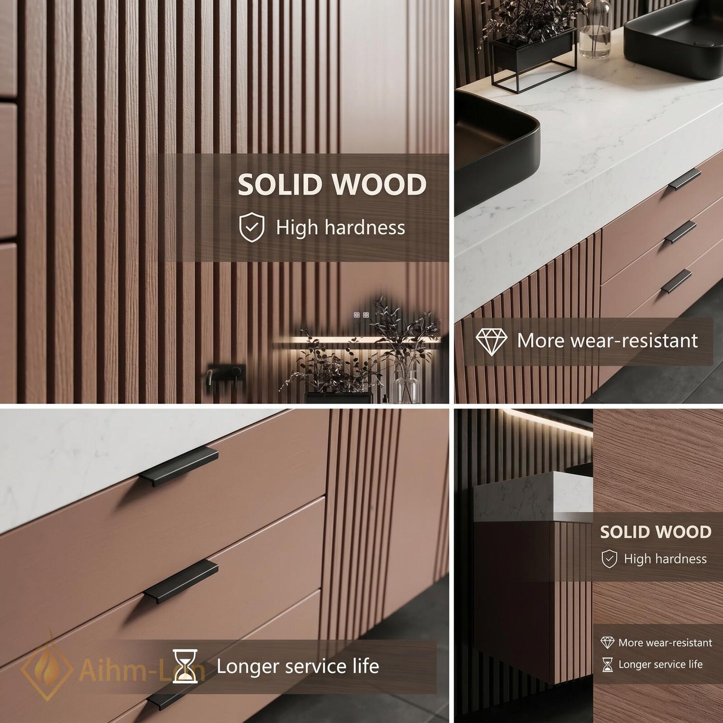 60''-96'' Double Bathroom Vanity with Sink Gold Modern Floating Slatted Doors Drawers