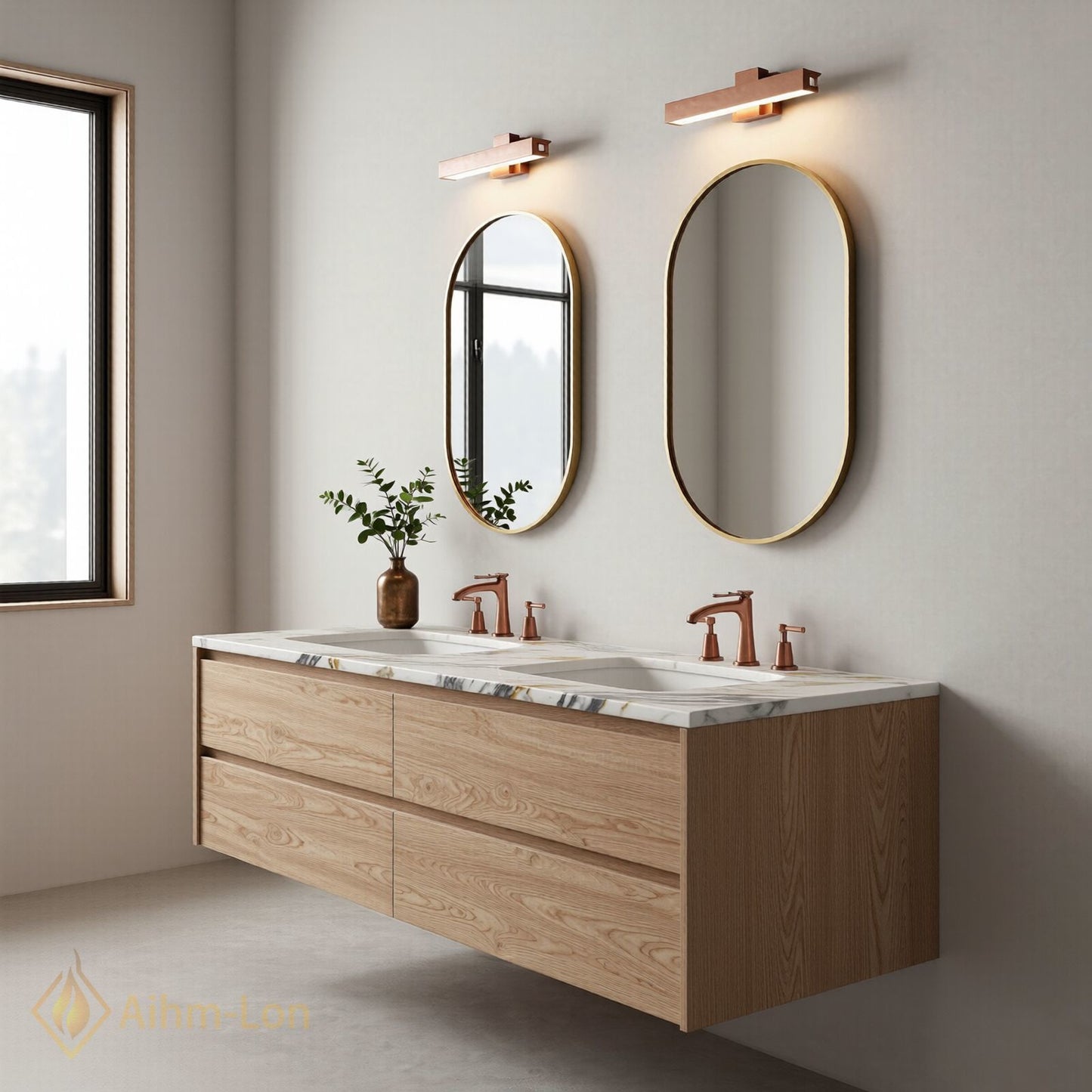 60''-96'' Modern Bathroom Vanity with Sink Floating Wood Grain White Marble Gold Mirror