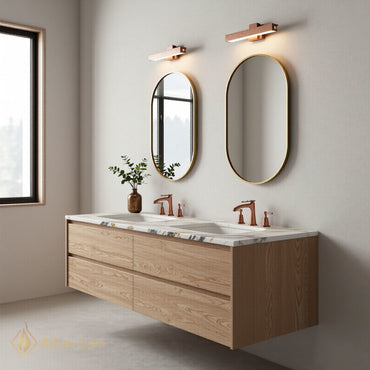 60''-96'' Modern Bathroom Vanity with Sink Floating Wood Grain White Marble Gold Mirror