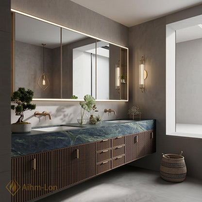 60''-96'' Double Bathroom Vanity with Sink Floating Deep Green Top Slatted Wood