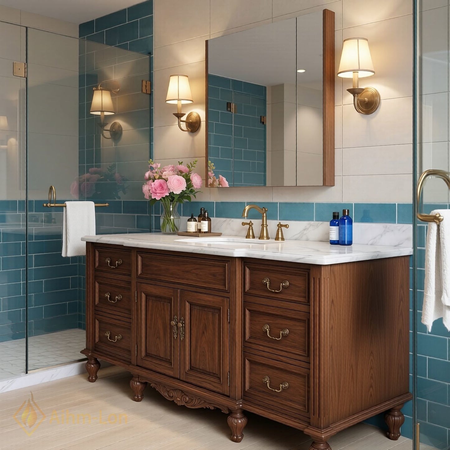 50''-64'' Elegant Bathroom Vanity with Sink Classic Carved Marble Drawers Wood Cabinet