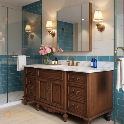 50''-64'' Elegant Bathroom Vanity with Sink Classic Carved Marble Drawers Wood Cabinet