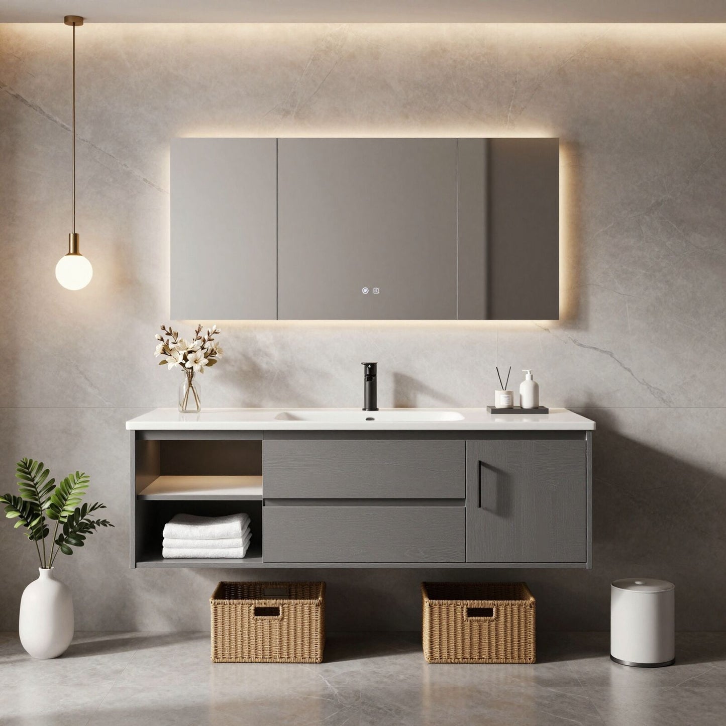 36''-64'' Modern Bathroom Vanity with Sink Single Sink Solid Wood Grain Floating Smart Mirror