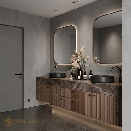78''-96'' Double Bathroom Vanity with Sink Floating Vessel Dark Wood Slat Doors