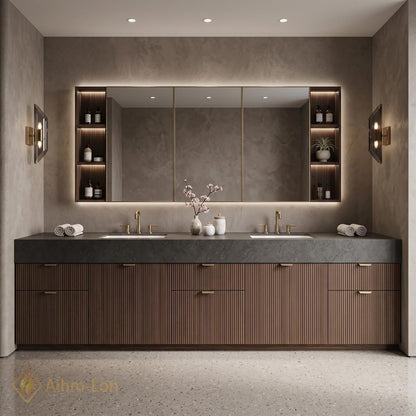 60''-96'' Double Bathroom Vanity with Sink Floating Dark Walnut Slatted Center Open