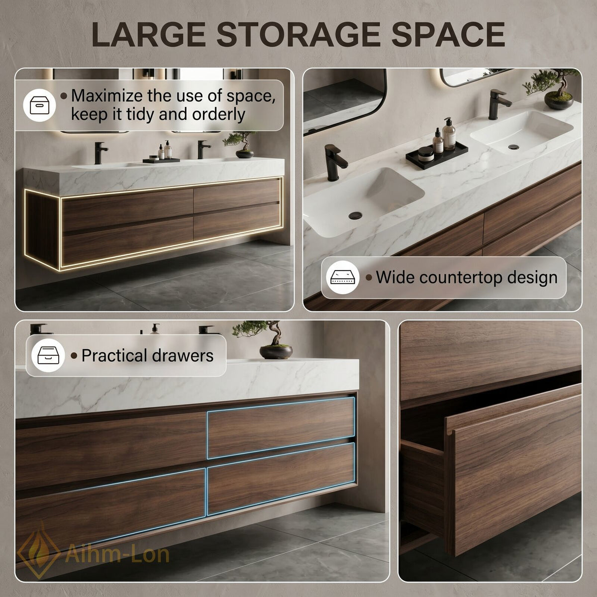 60''-96'' Double Bathroom Vanity with Sink Dark Walnut Slatted Panel Drawers