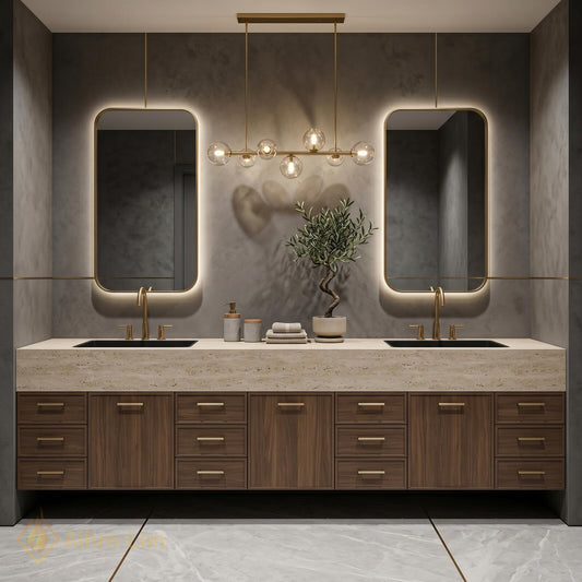 70''-96'' Double Bathroom Vanity with Sink Dark-Walnut Modern Floating Slatted Center