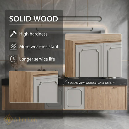 60''-96'' Double Bathroom Vanity with Sink Gray Natural-Wood Modern Floating Panel