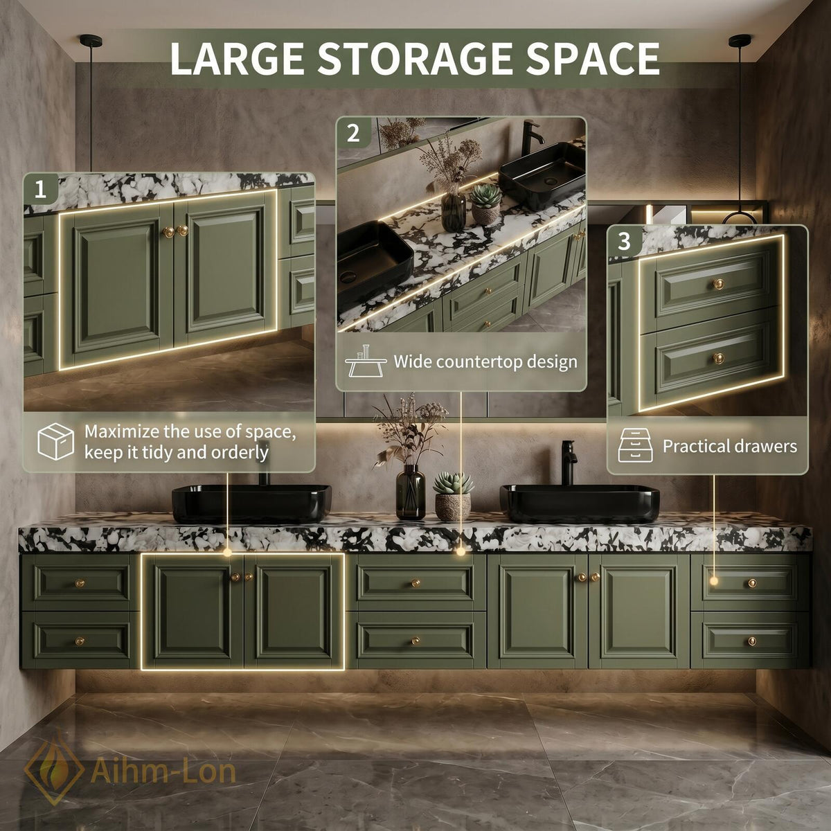 60''-96'' Double Bathroom Vanity with Sink Dark Olive Green Finish Slatted Front