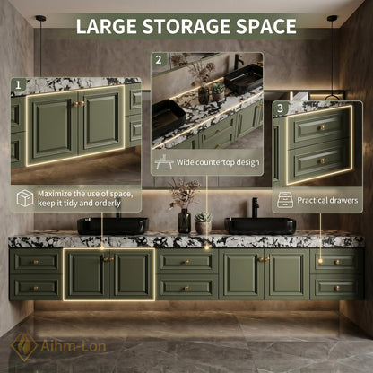 60''-96'' Double Bathroom Vanity with Sink Dark Olive Green Finish Slatted Front