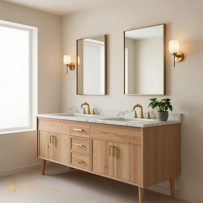 60''-96'' Modern Bathroom Vanity with Sink Wood Grain Marble Gold Handles Cabinet