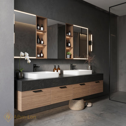 60''-96'' Double Bathroom Vanity with Sink Dark Warm-Wood Modern Floating Stone