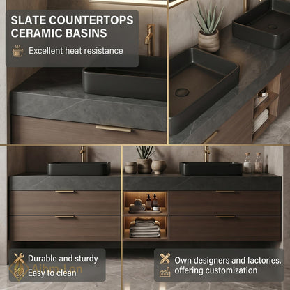 60''-96'' Modern Bathroom Vanity with Sink Dark Walnut Slatted Center Open Shelving