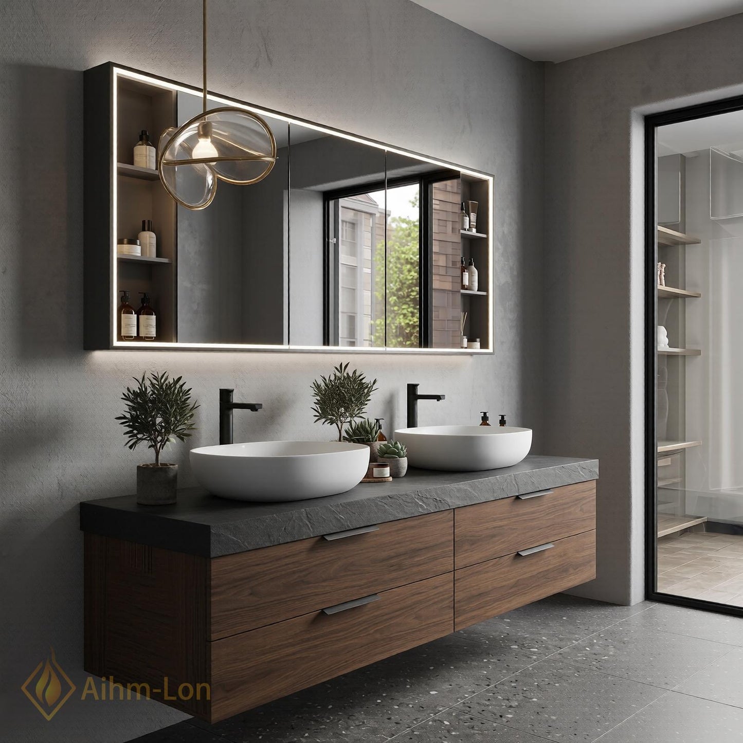 60''-96'' Double Bathroom Vanity with Sink Dark-Walnut Modern Floating Drawers Open