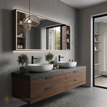 60''-96'' Double Bathroom Vanity with Sink Dark-Walnut Modern Floating Drawers Open