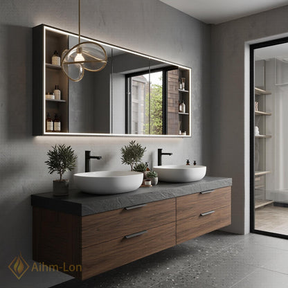 60''-96'' Double Bathroom Vanity with Sink Dark-Walnut Modern Floating Drawers Open