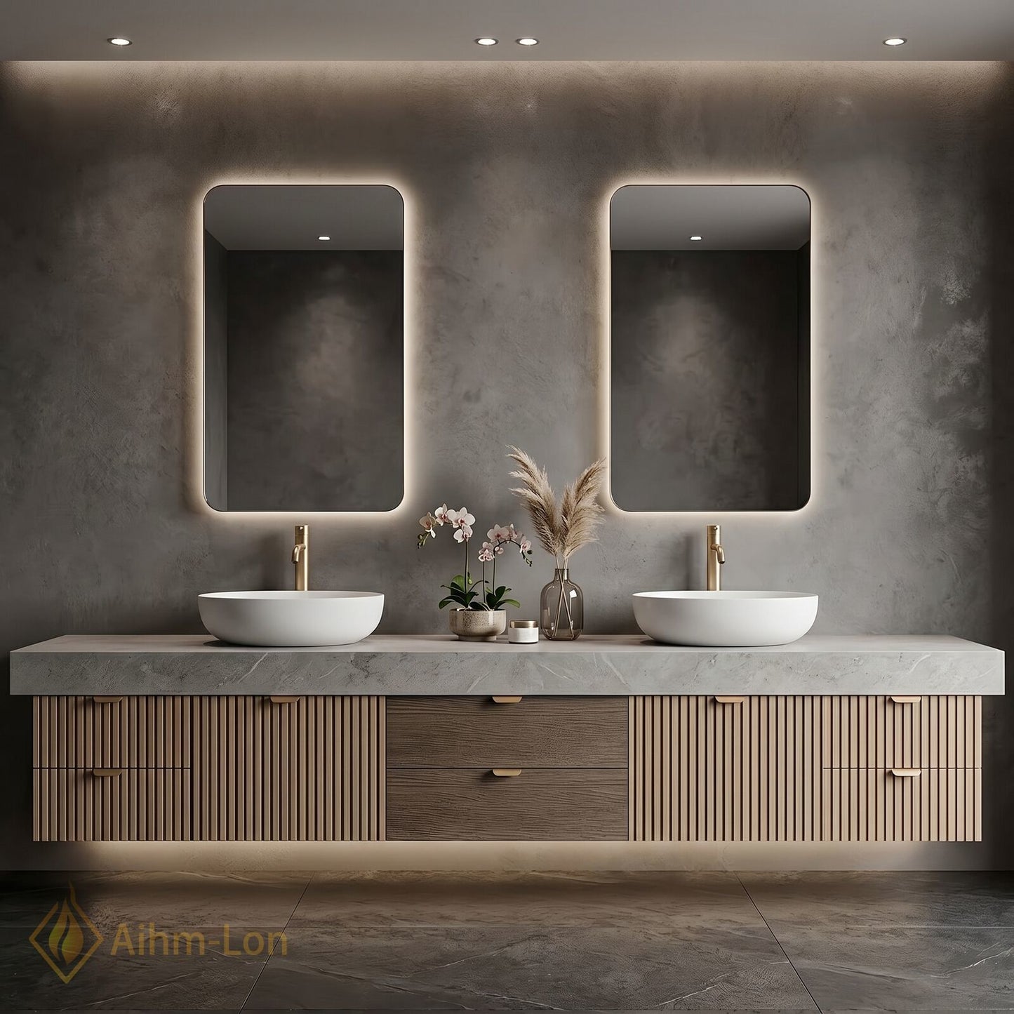 70''-96'' Double Bathroom Vanity with Sink Modern Slatted Veneer Doors Large Stone