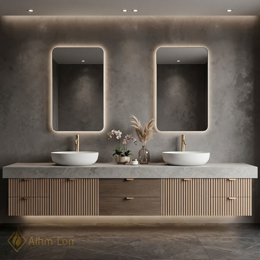 70''-96'' Double Bathroom Vanity with Sink Modern Slatted Veneer Doors Large Stone