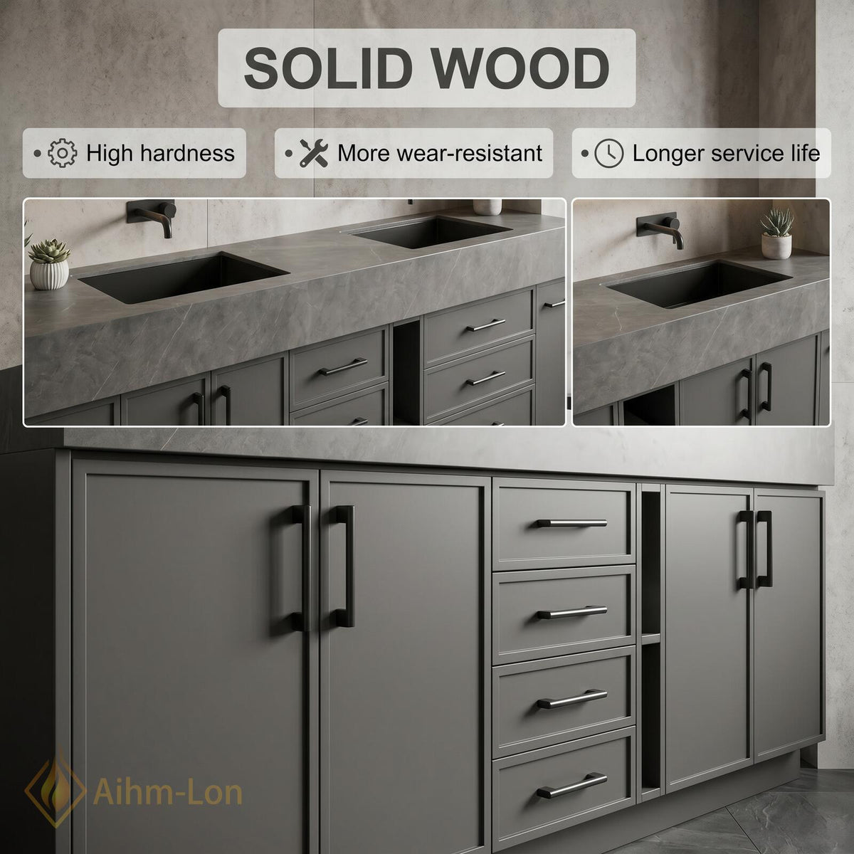 60''-96'' Double Bathroom Vanity with Sink Industrial Gray Matte Finish Open Shelving