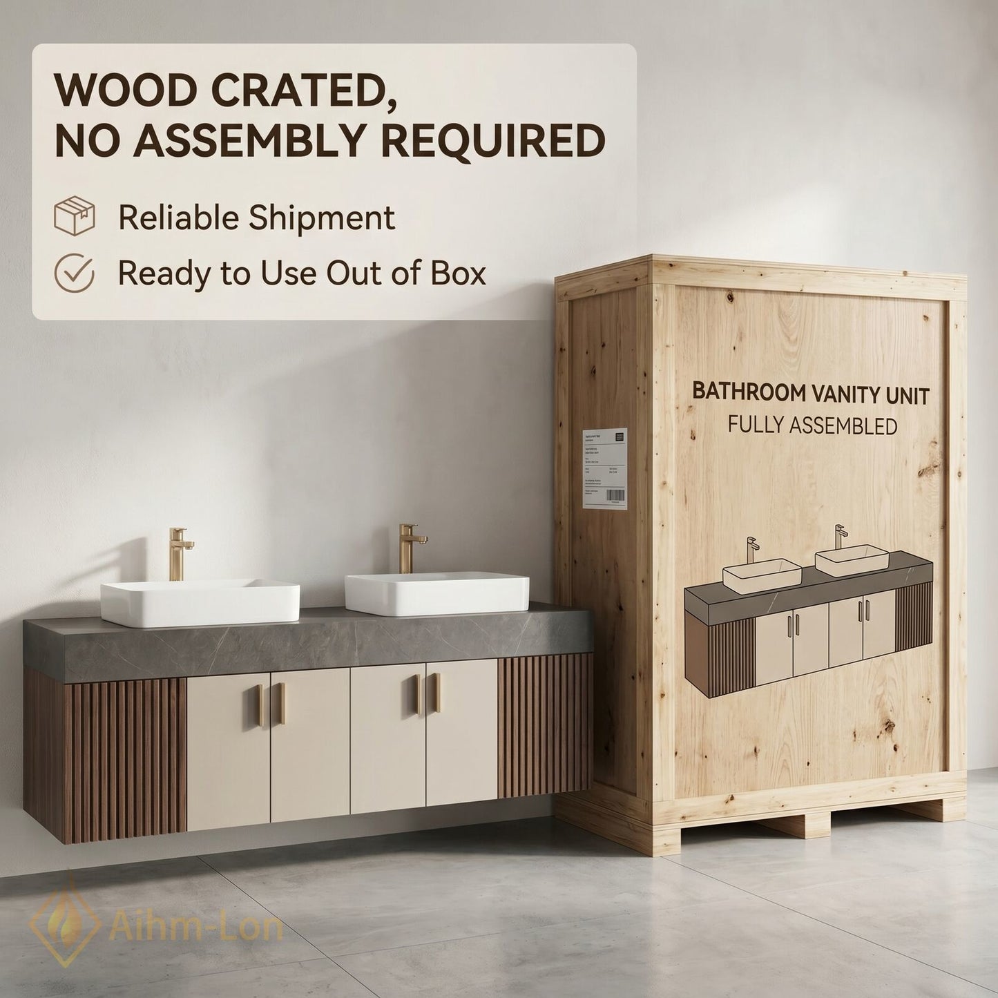 60''-96'' Double Bathroom Vanity with Sink Grey Modern Stone-Top Slatted Wood Panels