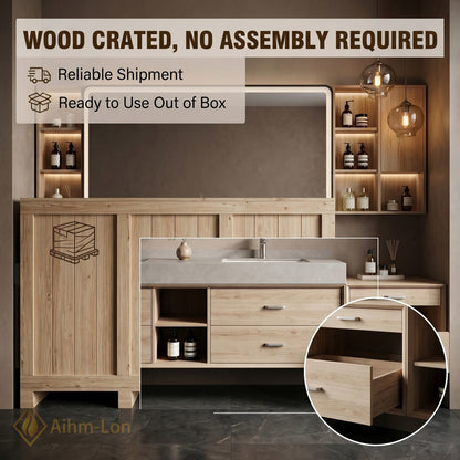 78''-96'' Double Bathroom Vanity with Sink Light Oak Finish Floating Vanity Station