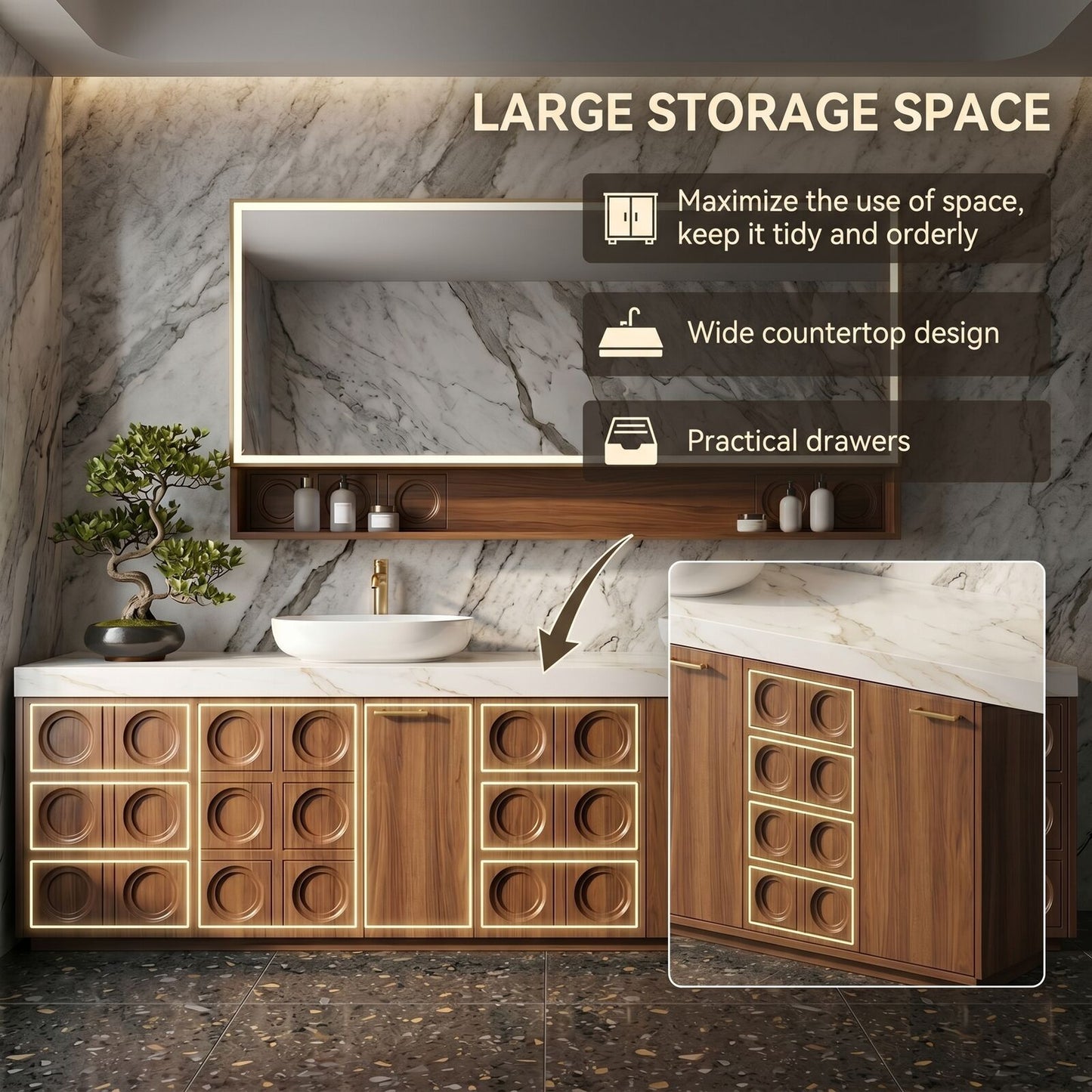 70''-96'' Elegant Bathroom Vanity with Sink Double Sink Carved Wood Panels White Stone