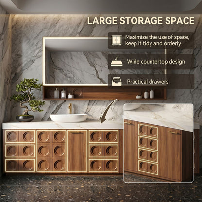 70''-96'' Elegant Bathroom Vanity with Sink Double Sink Carved Wood Panels White Stone