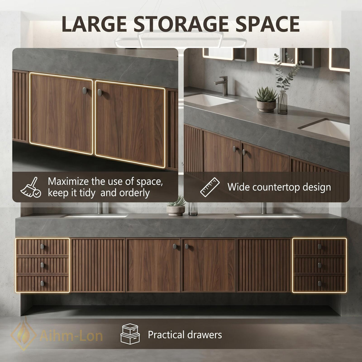 60''-96'' Double Bathroom Vanity with Sink Ribbed Dark Walnut Front Stone Top