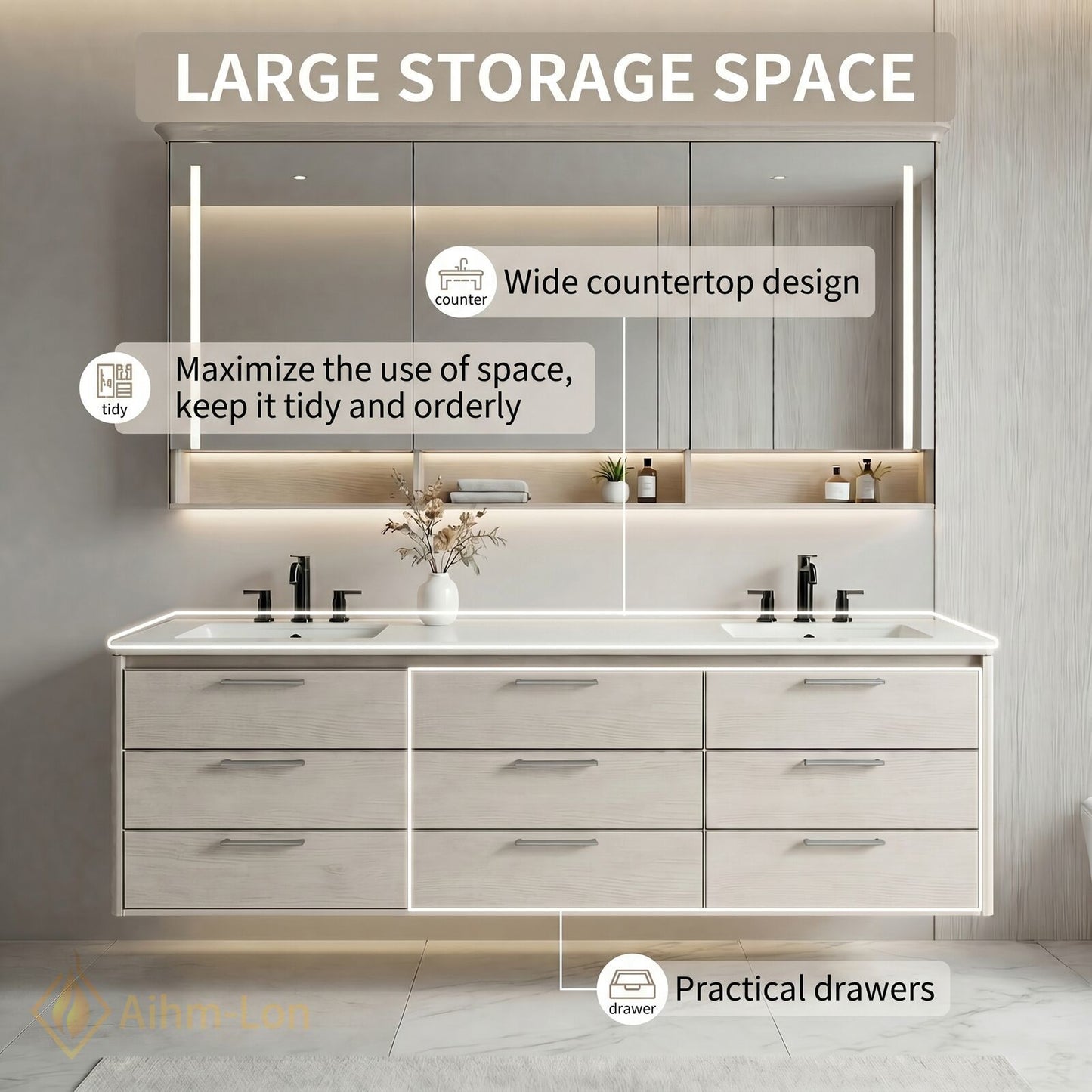60''-96'' Double Bathroom Vanity with Sink Floating Frame Full Length Mirror Cabinet