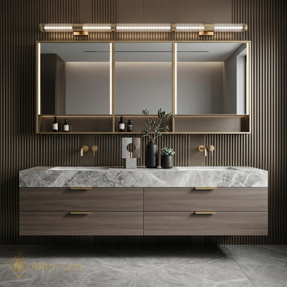 60''-96'' Double Bathroom Vanity with Sink Marble Top Warm Walnut Drawers Shelving